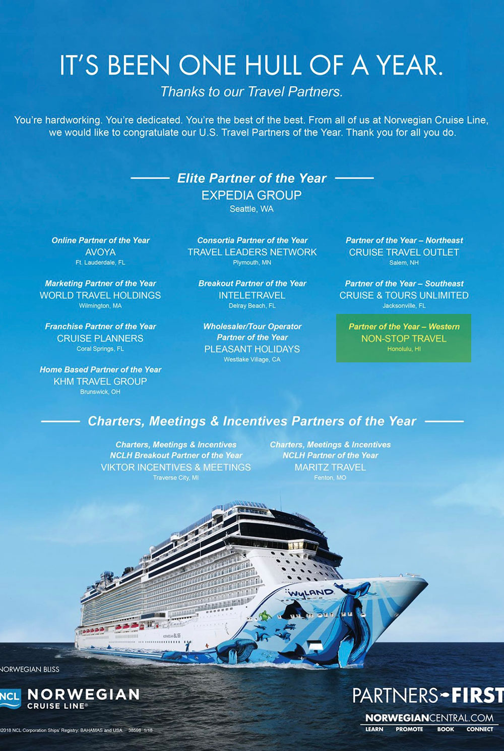 We've Been Selected As Norwegian Cruise Line's 2018 Travel Partner Of 