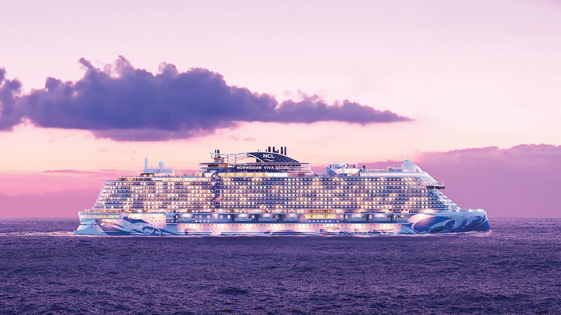 16x9-NCL-Viva-Exterior-SideProfile Norwegian Cruise Line Viva ship exterior at sea.