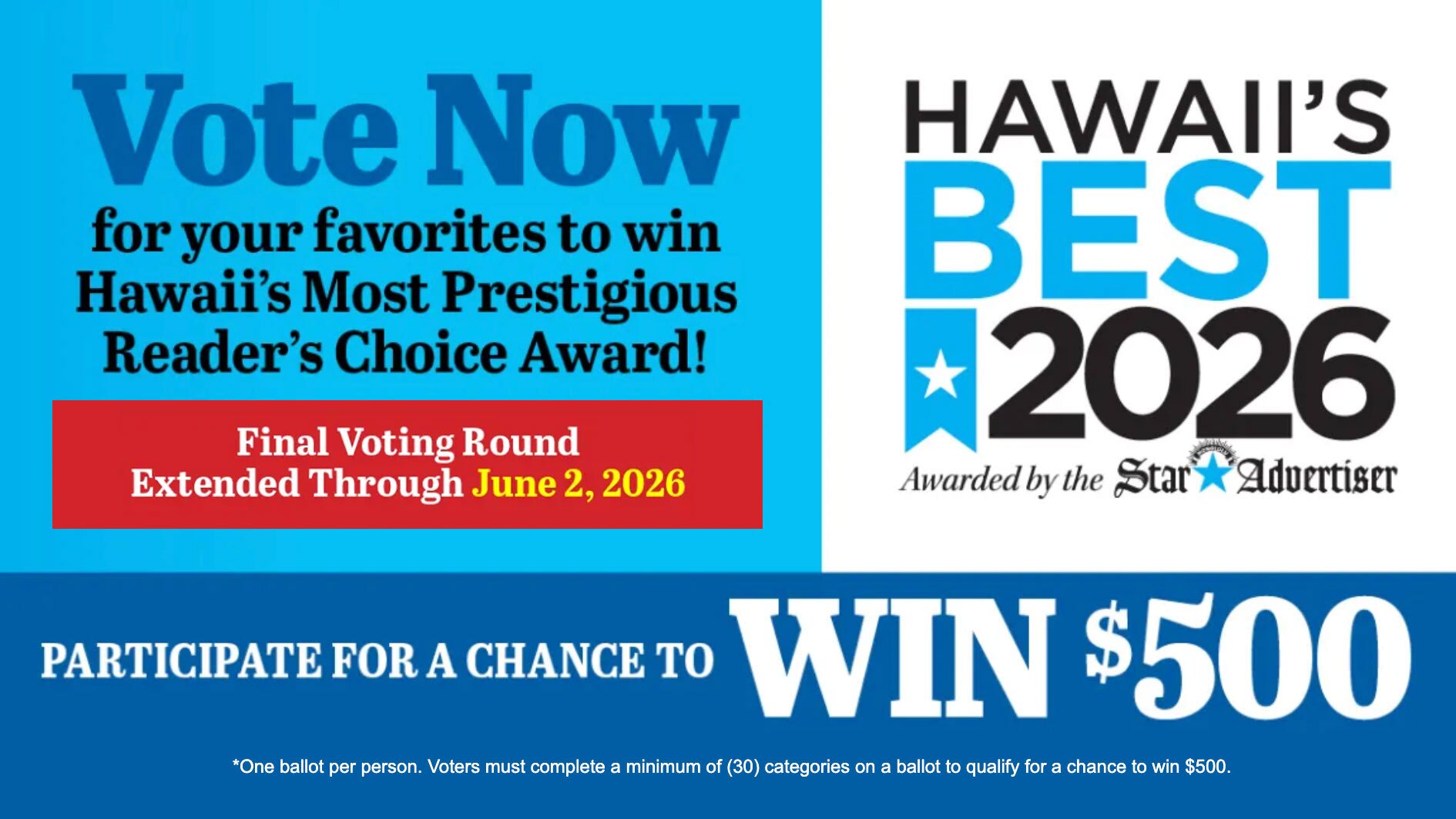 Vote Now for your favorites in the Honolulu Star Advertiser's 2026 Hawaii's Best Awards!
