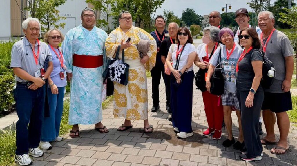2026 Summer Nagoya Sumo Tournament Tour group with sumotori after the sumo match.