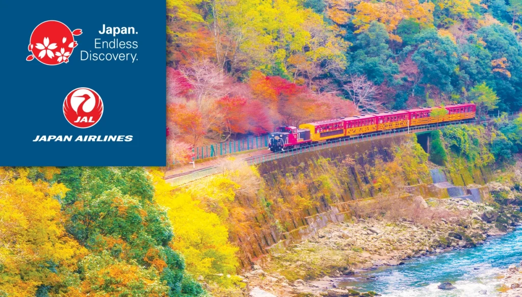 2026 Fall Best of Kyoto Uji Osaka Tour #2, photo of the Sagano Torokko Ressha (Sagano Romantic Train) with fall foliage
