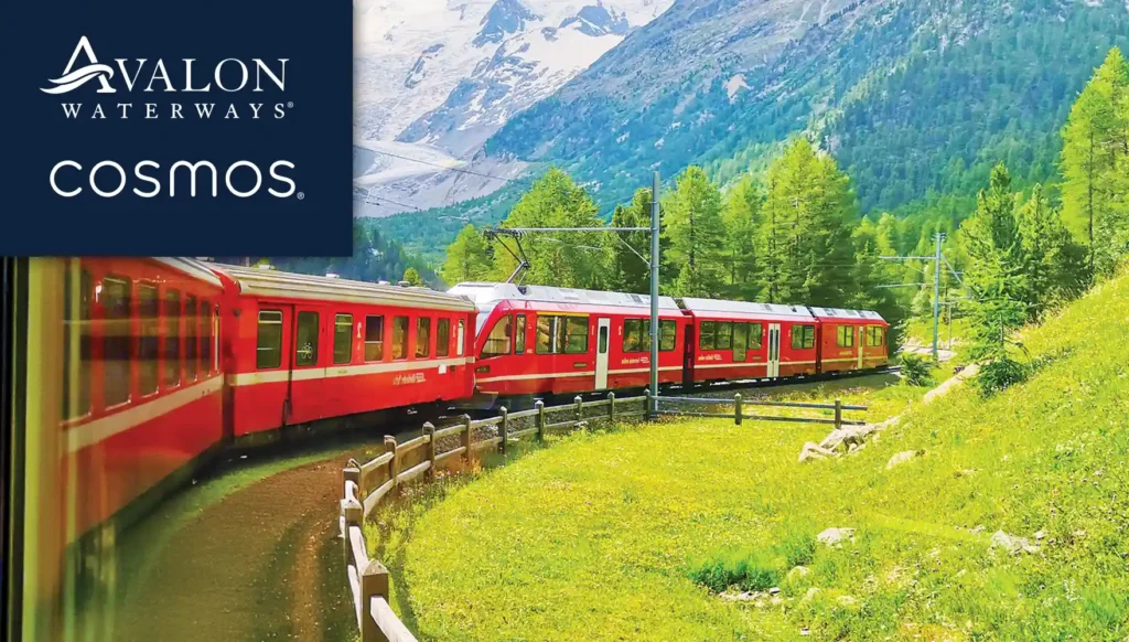 Photo of the Bernina Train traveling through across Switzerland