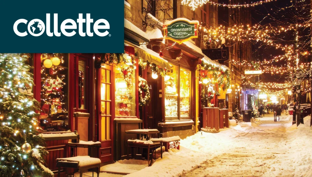 Photo of a snow-covered street adorned with Christmas decorations