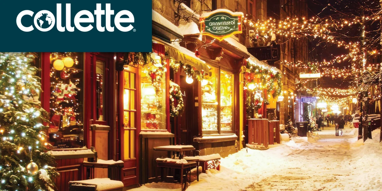 Photo of a snow-covered street adorned with Christmas decorations