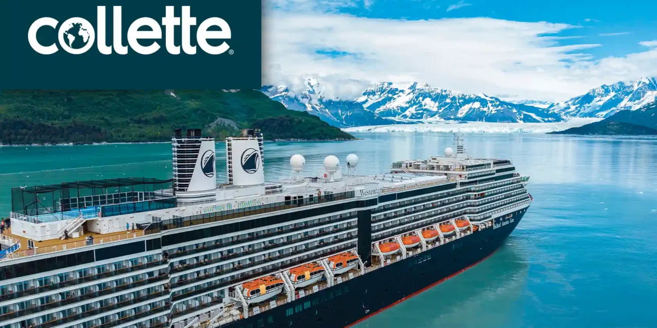 The Holland America Line Westerdam ship in Alaska and Collette logo.