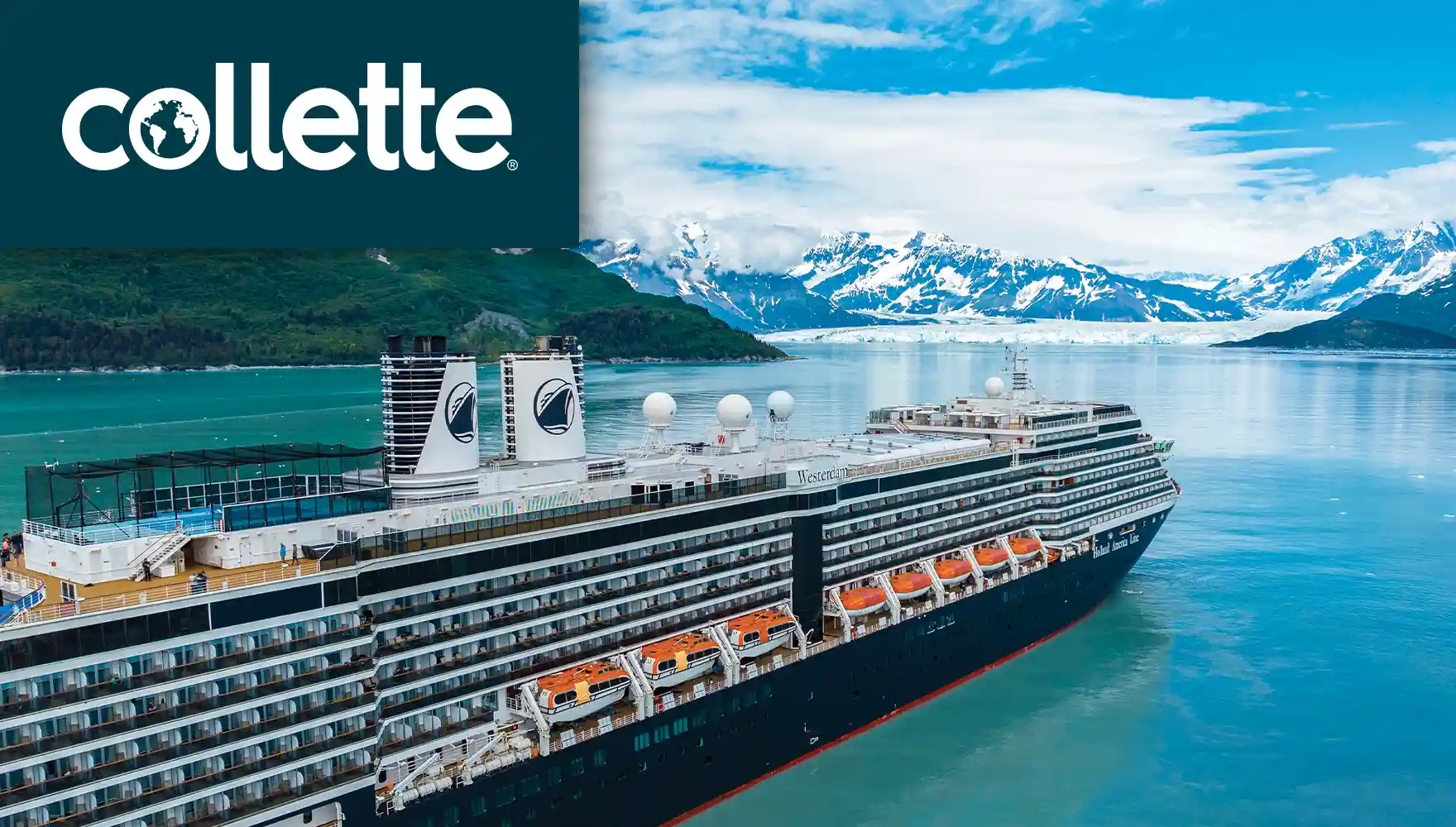 The Holland America Line Westerdam ship in Alaska and Collette logo.