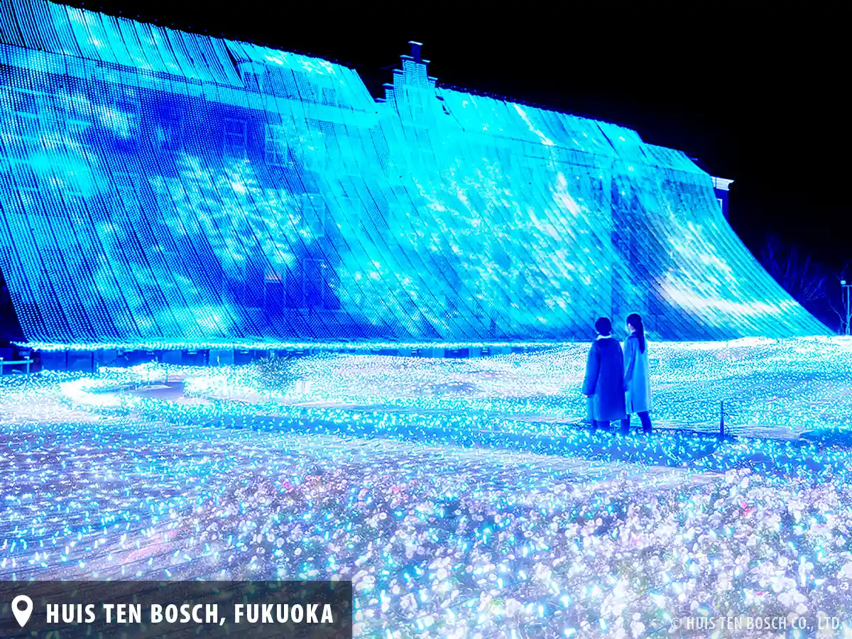 A photo of one of the massive illumination displays at Huis Ten Bosch, which transforms into the “Kingdom of Light” as dusk falls