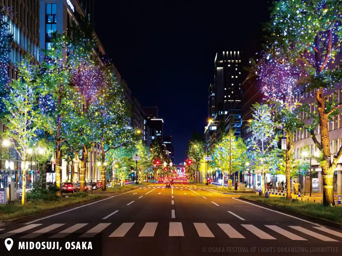 A photo of a section of the Midosuji Holiday Illuminations, a spectacular 4km-long light display along Osaka’s main thoroughfare