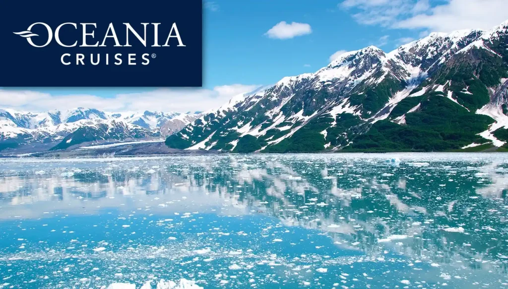 2027 Alaskan Dreamscapes Cruise, photo of snow-capped mountains and ice floating in the ocean.