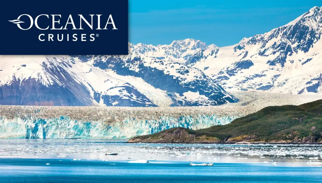 2027 Glaciers & Shrines Cruise, photo of snow-capped mountains behind a glacier.