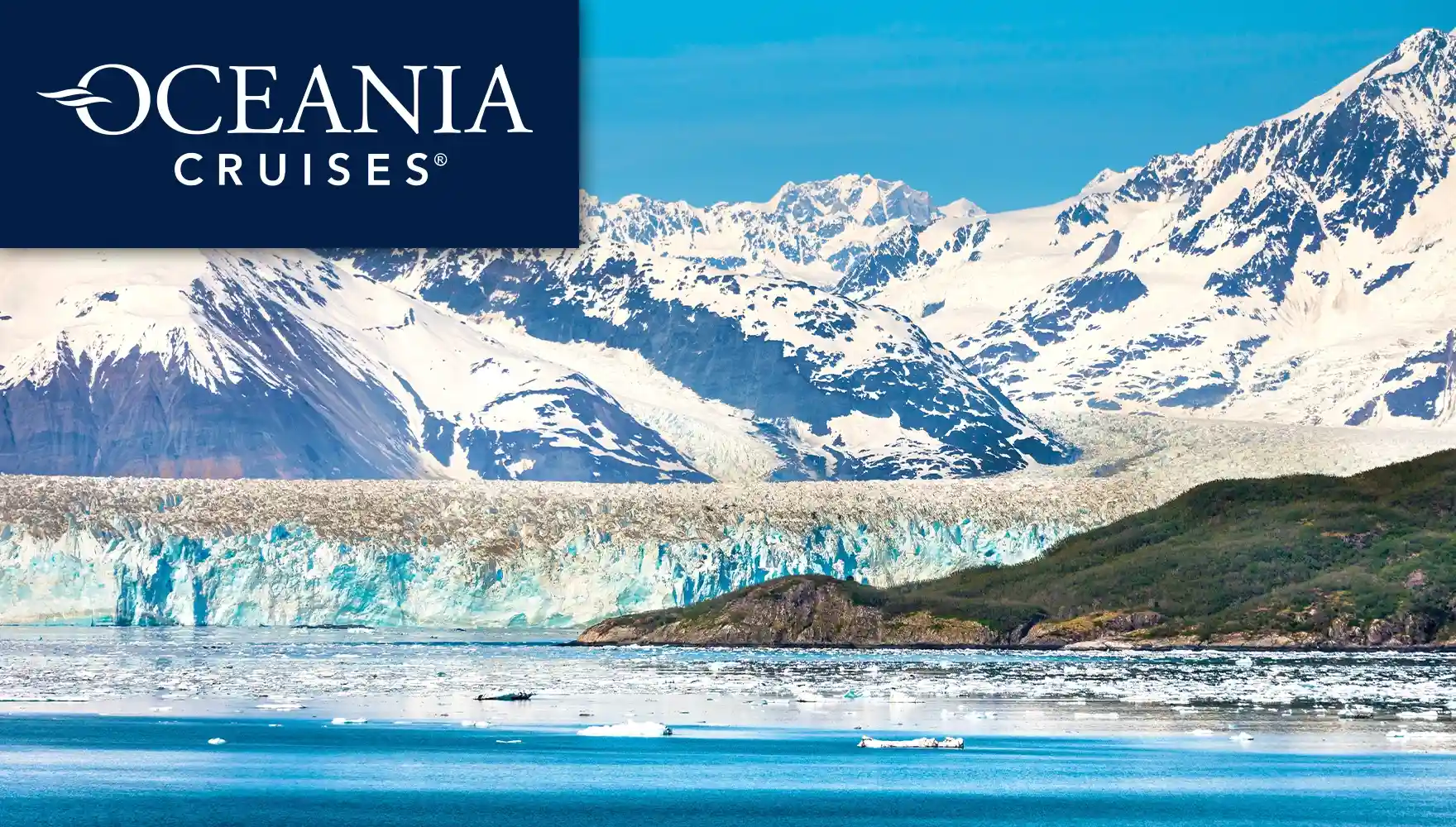 2027 Glaciers & Shrines Cruise, photo of snow-capped mountains behind a glacier.