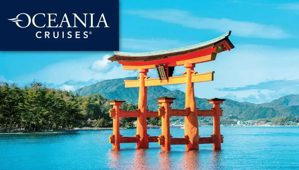 Photo of the Itsukushima Shrine in Miyajima, Japan, which looks to float on water