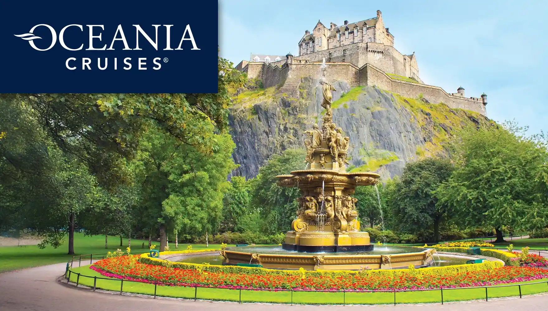 Photo of a golden fountain with Edinburgh Castle in the background