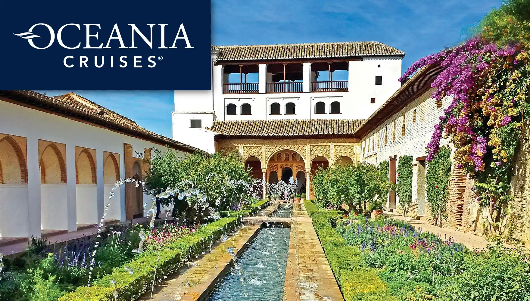 Photo of a garden and water fountain at the Generalife in Spain
