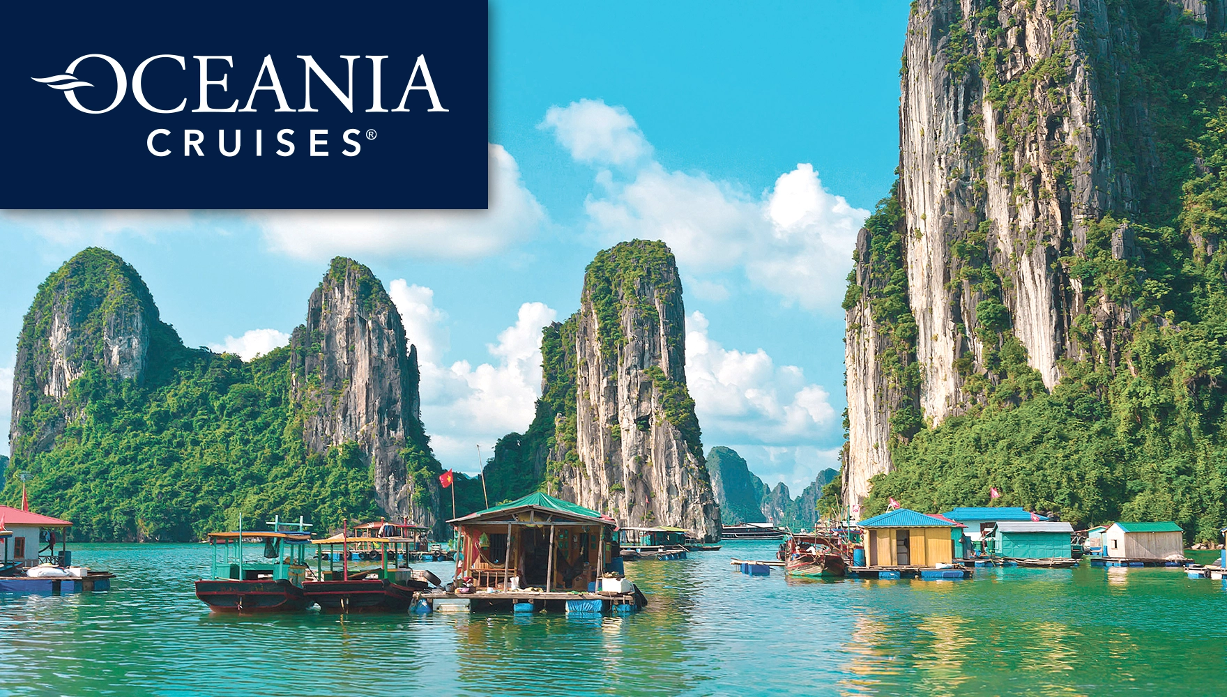Photo of Ha Long Bay's limestone karsts and islets and local boat houses in Vietnam