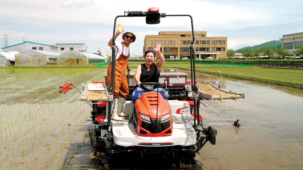 Melissa Chang harvesting rice in Niigata Prefecture.