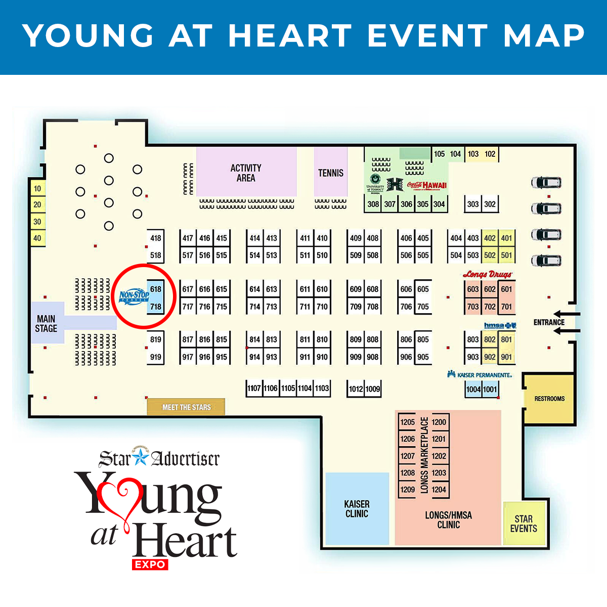 Young at Heart Event Map 2026 | Non-Stop Travel Booth #618 & 718